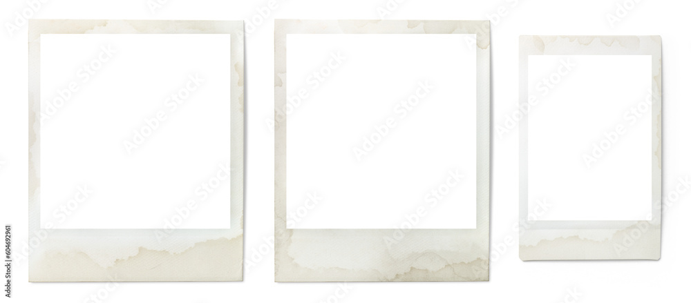 set of three grungy vintage instant photo frames isolated over a transparent background, cut-out and ready for your image, stained retro gallery, memory, album or vacation design elements, PNG - obrazy, fototapety, plakaty 