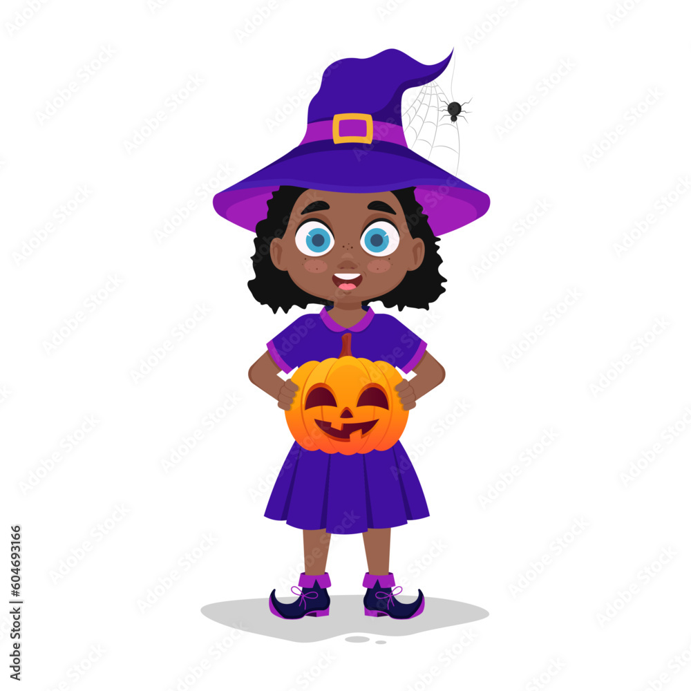 Cute girl with a pumpkin in her hands, halloween holiday