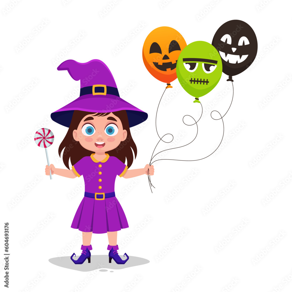 Cute witch with balloon and lollipop