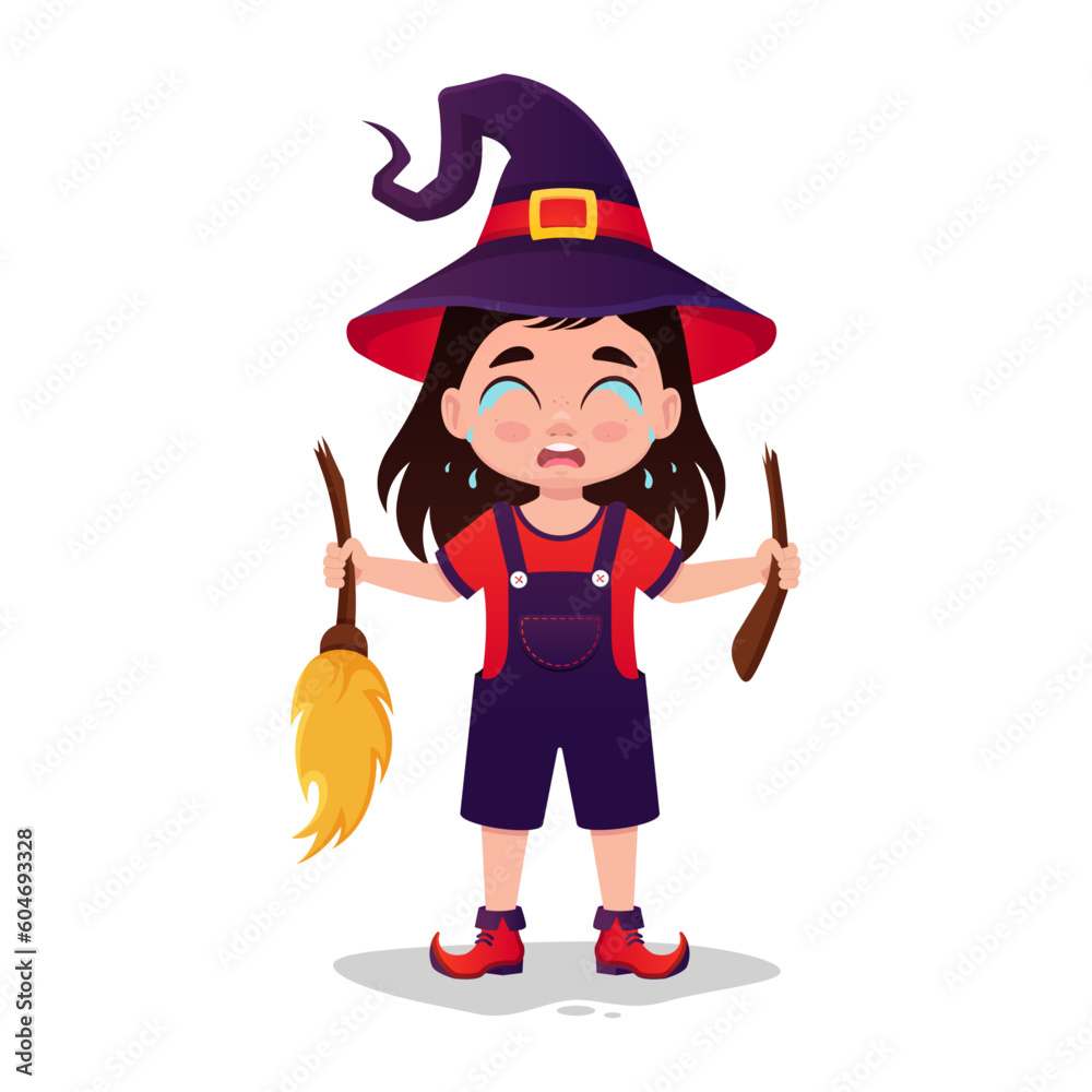Cute little girl in a witch costume, crying with a broken broom