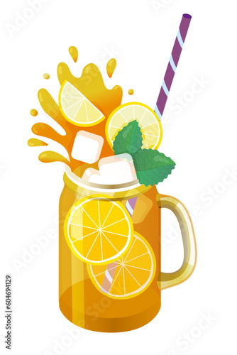 Ice tea with ice cubes, lemon, mint leaves. Fruit smoothie, ice tea, juice, lemonade, alcohol drinks.
