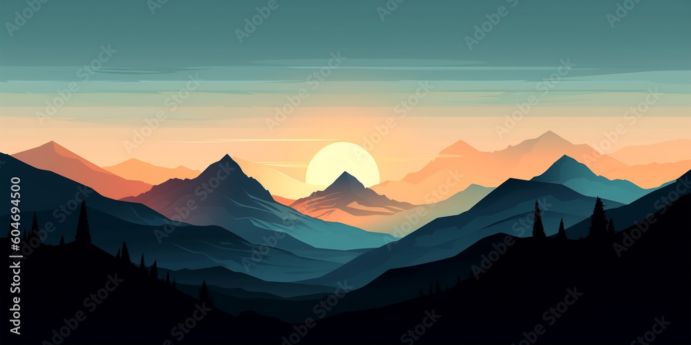Landscape background with mountains and hills at sunset or sunrise, wallpaper, decor, print, Generated AI