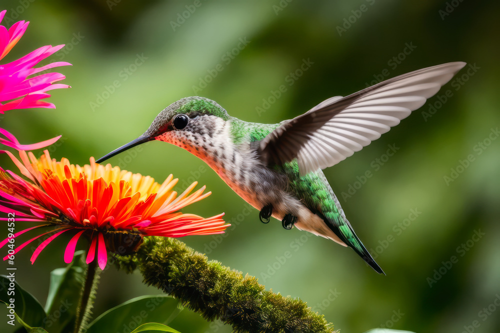 Fototapeta premium Digital wildlife photo of a Hummingbird flying and aiming on a flower nectar in a tropical rainforest. Wildlife concept of ecological environment. Generative AI