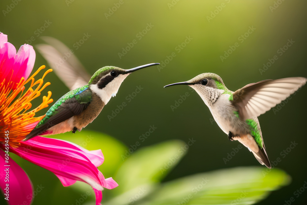 Fototapeta premium Digital wildlife photo of a Hummingbird flying and aiming on a flower nectar in a tropical rainforest. Wildlife concept of ecological environment. Generative AI