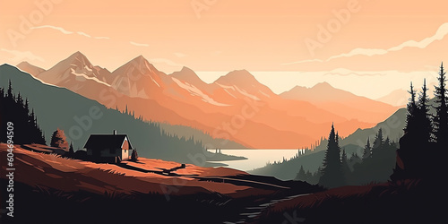 Landscape background with mountains and hills at sunset or sunrise, wallpaper, decor, print, Generated AI