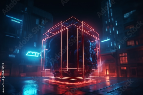 Abstract podium. Blue, orange, pink colored neon lights. Modern backdropAbstract neon podium. Blue, orange, pink colored neon lights. Modern metaverse backdrop with copy space for design Generative AI