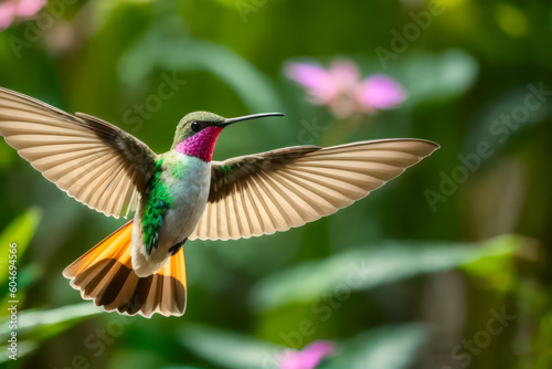 Digital wildlife photo of a Hummingbird flying and aiming on a flower nectar in a tropical rainforest. Wildlife concept of ecological environment. Generative AI © mikhailberkut