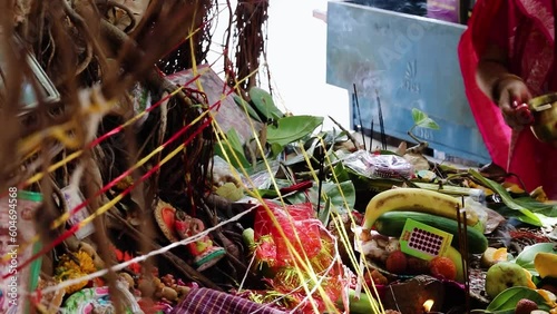 holy items kept for hindu religious worship of banyan tree on vat savitri at day
