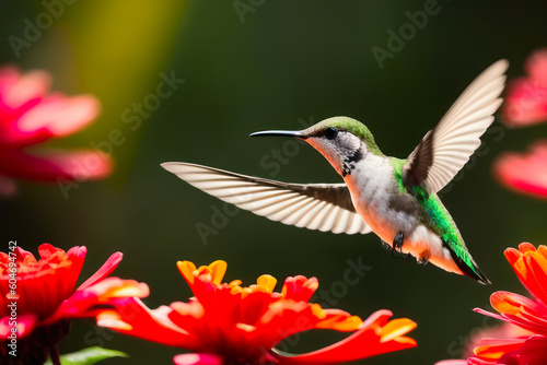 Digital wildlife photo of a Hummingbird flying and aiming on a flower nectar in a tropical rainforest. Wildlife concept of ecological environment. Generative AI