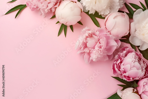 Tender peonies on pink background with copy space. Abstract natural floral frame layout with text space. Romantic feminine composition. Wedding invitation. International Women day, Mother Day concept