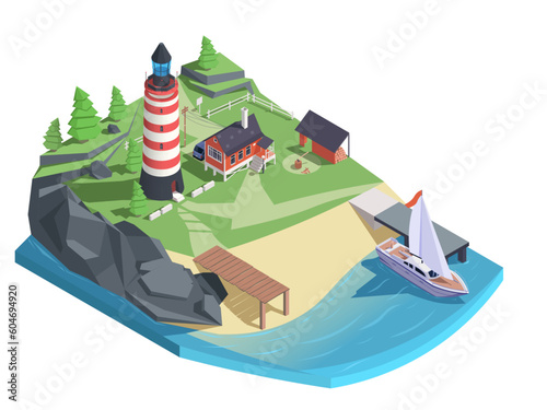 Lighthouse at coast of island with rock and sandy beach in 3d isometric. Sea or ocean yacht at small island wharf. Navigation lighthouse. Beacon tower for marine navigation. Vector illustration