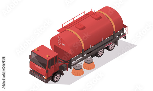 Red sweeper truck. waste recycling and utilization container vehicle. City road cleaning concept with utility truck. Urban transport. Municipal cleaning service. Vector illustration