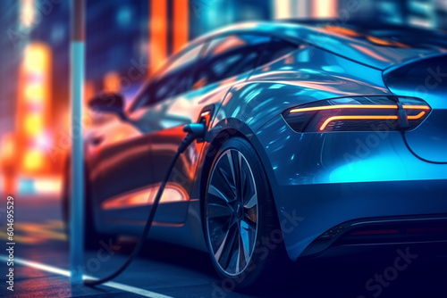 Modern futuristic concept of an electric EV car charging station. Experience the seamless blend of advanced technology and sustainable transportation. Ai generated © twindesigner