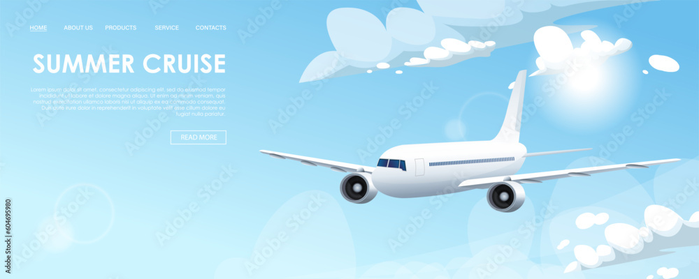 Summer cruise banner with airplane in clouds on blue sky background. Travel concept. Booking service or travel agency sign. Air transportation. Flight tickets. Advertising poster. Vector illustration