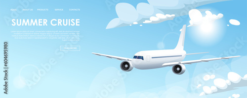 Summer cruise banner with airplane in clouds on blue sky background. Travel concept. Booking service or travel agency sign. Air transportation. Flight tickets. Advertising poster. Vector illustration