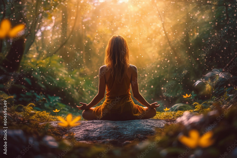 Woman practicing yoga in a lush forest. Set in the lotus position, she immerses herself in the serene ambiance as rays of golden light. Ai generated Woman practicing yoga in a lush forest. Set in the lotus position, she immerses herself in the serene ambiance as rays of golden light. Ai generated