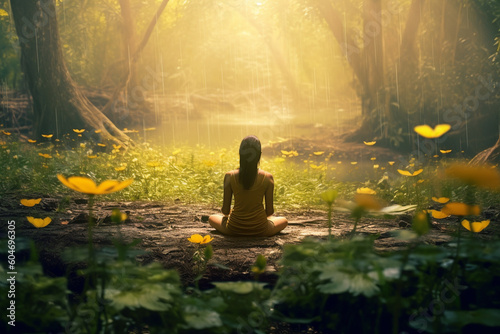 Woman practicing yoga in a lush forest. Set in the lotus position, she immerses herself in the serene ambiance as rays of golden light. Ai generated