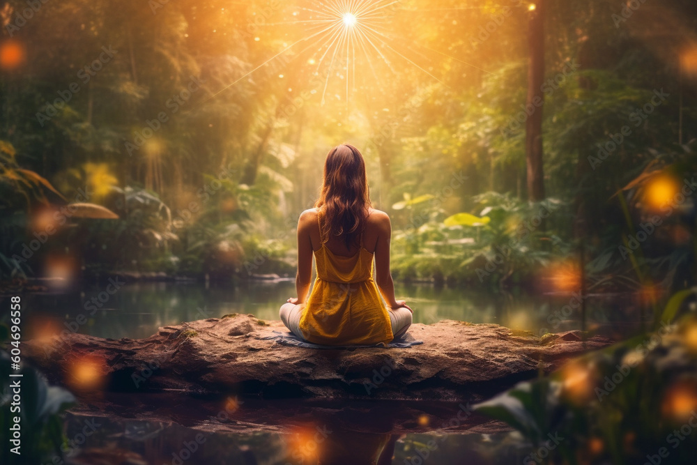Woman practicing yoga in a lush forest. Set in the lotus position, she immerses herself in the serene ambiance as rays of golden light. Ai generated Woman practicing yoga in a lush forest. Set in the lotus position, she immerses herself in the serene ambiance as rays of golden light. Ai generated