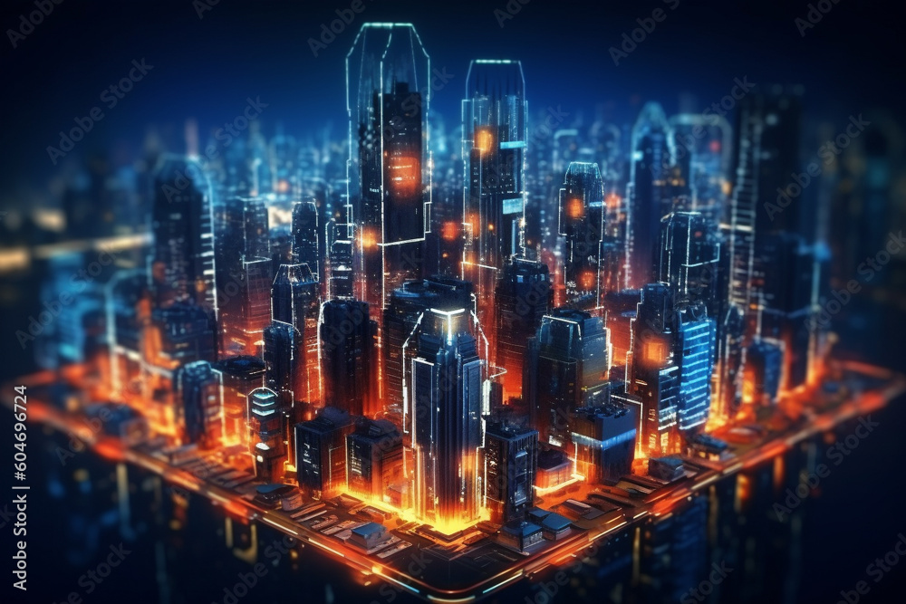 Futuristic city skyline at night. Skyscrapers pierce the sky, casting their vibrant glow onto a bustling metropolis below. Ai generated