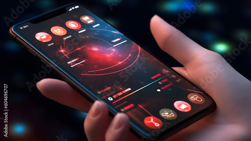 A close-up shot of a person's hand holding a modern smartphone with a futuristic user interface, showcasing the latest technological advancements