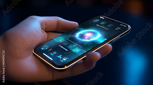 A close-up shot of a person's hand holding a modern smartphone with a futuristic user interface, showcasing the latest technological advancements