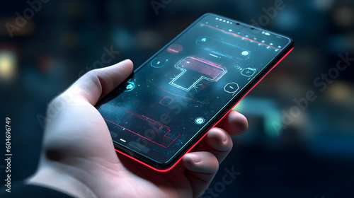 A close-up shot of a person's hand holding a modern smartphone with a futuristic user interface, showcasing the latest technological advancements
