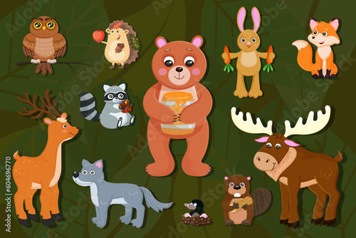 Woodland animals set. Cute forest wild life fox, bear, wolf, rabbit and deer. Perfect for scrapbooking, card, poster, sticker kit. Children educational banner. Fauna image for kid. Vector illustration