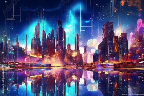 Futuristic city skyline at night. Skyscrapers pierce the sky, casting their vibrant glow onto a bustling metropolis below. Ai generated