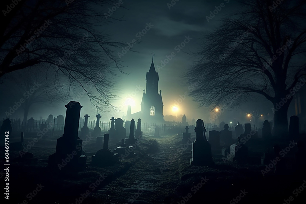 Obraz premium Dark graveyard at night, shrouded in thick fog and an eerie horror atmosphere. Ai generated