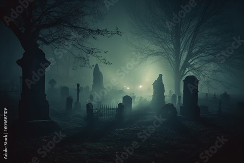 Dark graveyard at night  shrouded in thick fog and an eerie horror atmosphere. Ai generated