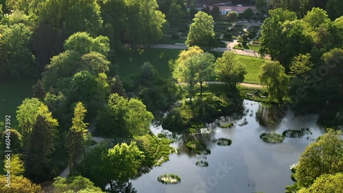 Top drone view of Skaryszewski park in Warsaw
