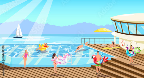 Happy people enjoy in luxury cruise ship resort. Summer time vacation in swimming pool on deck ship. Young people, women, men with inflatable circle animal have fun on pool party. Vector illustration