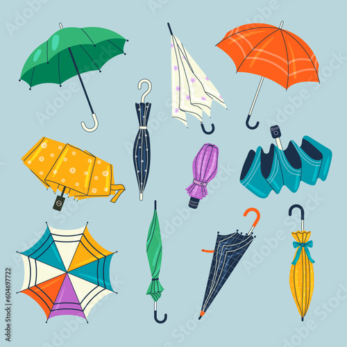 Umbrellas collection. Autumn set of different fashioned tools from rainy weather season recent vector umbrellas illustrations