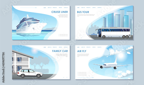 Set of summer cruise banner with airplane, white ocean liner ship, bus and car. Travel concept. Booking or hire service or travel agency flyer. Transportation and touristic poster. Vector illustration