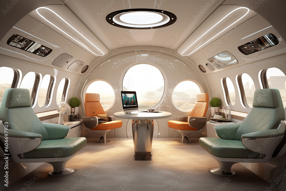 Obraz premium Private jet's futuristic modern interior, where sleek design elements meet unparalleled comfort. Ai generated