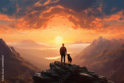 Man and his loyal dog standing on top of a mountain, bathed in the warm glow of a breathtaking sunset. Ai generated © twindesigner