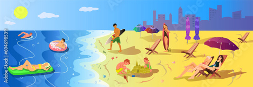 People relaxing at sandy beach in summer sea holiday. Young Men and women on travel vacation. City near ocean resort. Man and girl go to surfing with board. People swim in water. Vector illustration