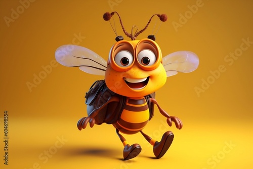 Cartoon character of a busy bee with a backpack. AI