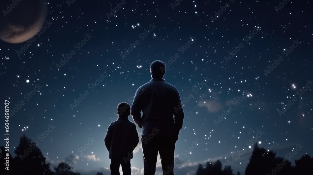 Dads and son look at the night sky, stars and moon, father's day, family - obrazy, fototapety, plakaty 