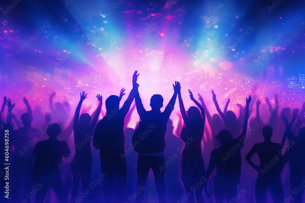 Pulsating nightclub, where hands are raised high, colorful lights create a mesmerizing spectacle. Ai generated Pulsating nightclub, where hands are raised high, colorful lights create a mesmerizing spectacle. Ai generated