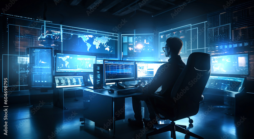 IT specialist working in office on multiple screens, monitoring data, AI generative illustration IT specialist working in office on multiple screens, monitoring data, AI generative illustration