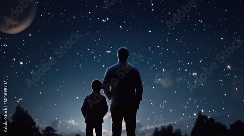 Foto Dads and son look at the night sky, stars and moon, father's day, family