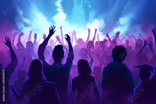 Pulsating nightclub  where hands are raised high  colorful lights create a mesmerizing spectacle. Ai generated