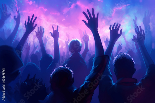 Pulsating nightclub, where hands are raised high, colorful lights create a mesmerizing spectacle. Ai generated