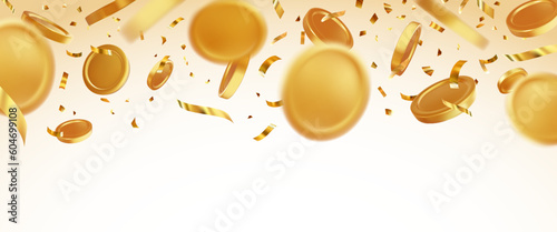 Golden coins with gold ribbons falling down at white background. Casino jackpot or win concept. Poster for gaming, gambling fortune. Golden rain holiday banner with shiny coins. Vector illustration