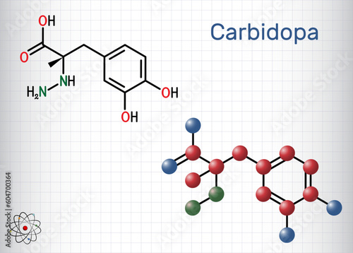 Carbidopa molecule. It is dopa decarboxylase inhibitor used for treatment of idiopathic Parkinson disease. Structural chemical formula, molecule model. Sheet of paper in a cage