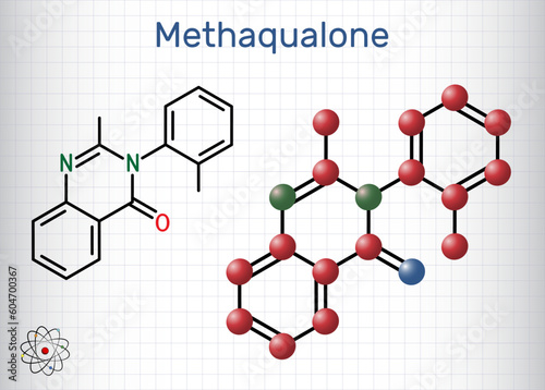 Methaqualone molecule. It is sedative, hypnotic drug, used to treat insomnia. Skeletal chemical formula. Paper packaging for drugs.
