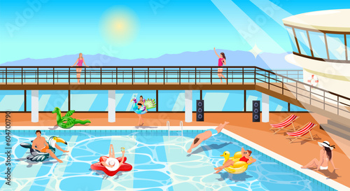 Happy people enjoy in luxury cruise ship resort. Summer time vacation in swimming pool on deck ship. Young people, women, men with inflatable circle animal have fun on pool party. Vector illustration