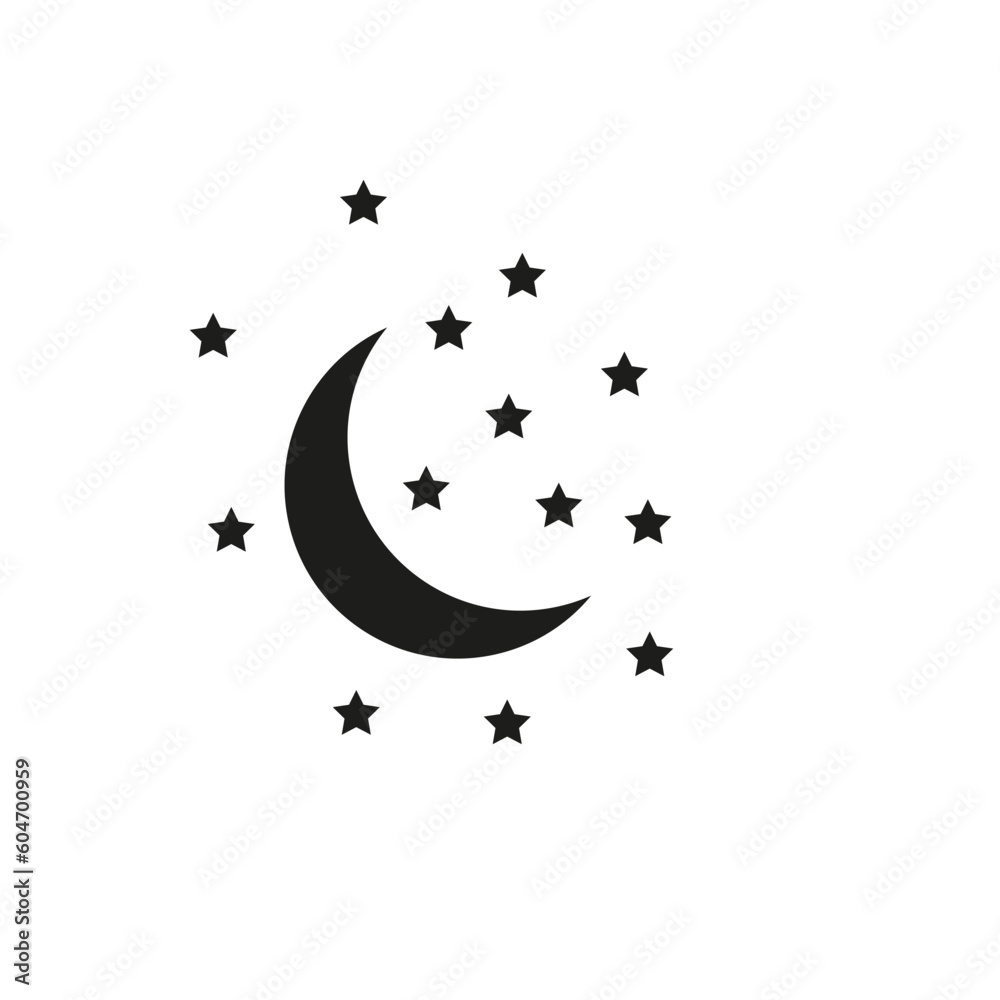 Fototapeta premium Moon and stars at night flat vector icon illustration isolated on white background