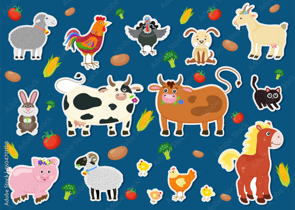 Fototapeta premium Big set of farm animals. Collection funny animals. Cute domestic kind animals in cartoon style. pig, rooster, hen, yellow chicken, horse, cow, rabbit, sheep, turkey, cat, goat. Vector illustration